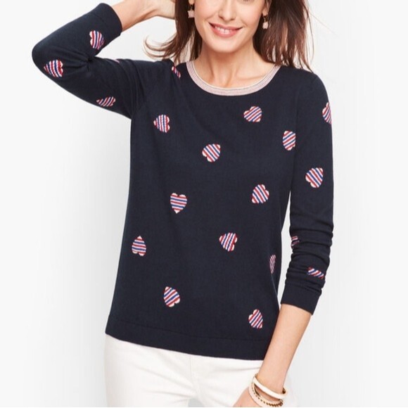 Talbots NWT Size 0x Blue Sweater with Heart Print and Bow tie back - Picture 2 of 8